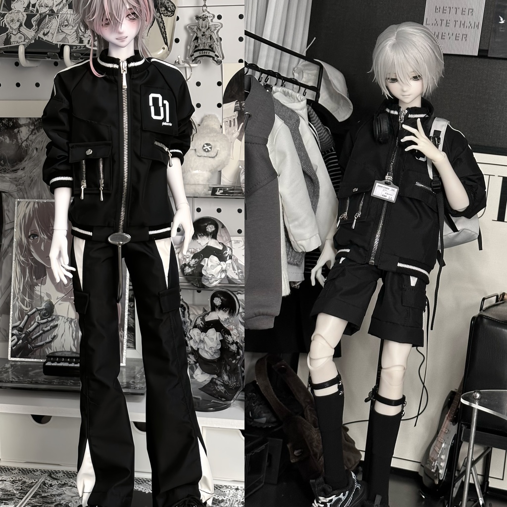 1/4ドール服　モノクロ　ジャケットセット　カーゴパンツ　1/6ドール服
