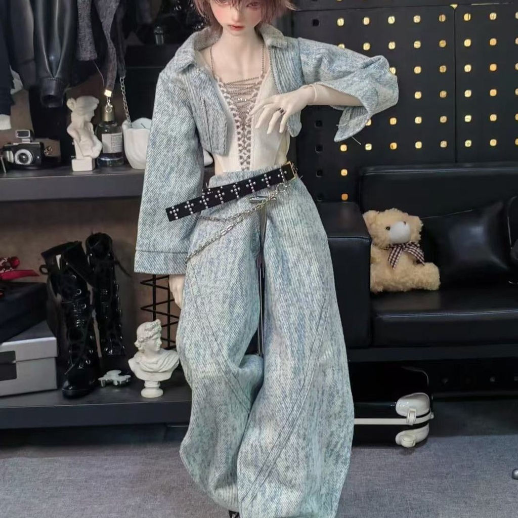 1/4ドール服 デニムジャケット ワイドパンツセット Vネックボディスーツインナー