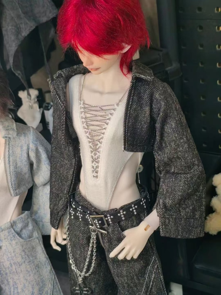 1/4ドール服 デニムジャケット ワイドパンツセット Vネックボディスーツインナー