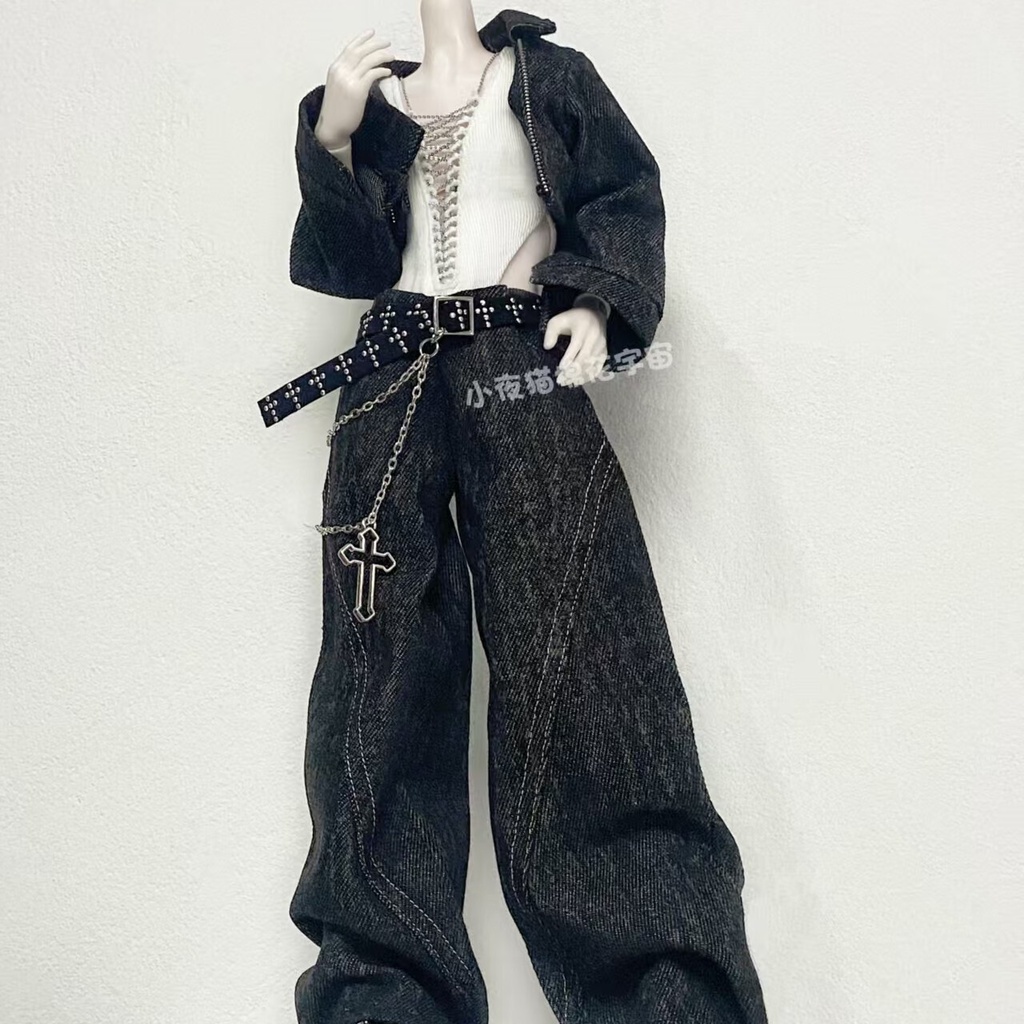 1/4ドール服 デニムジャケット ワイドパンツセット Vネックボディスーツインナー