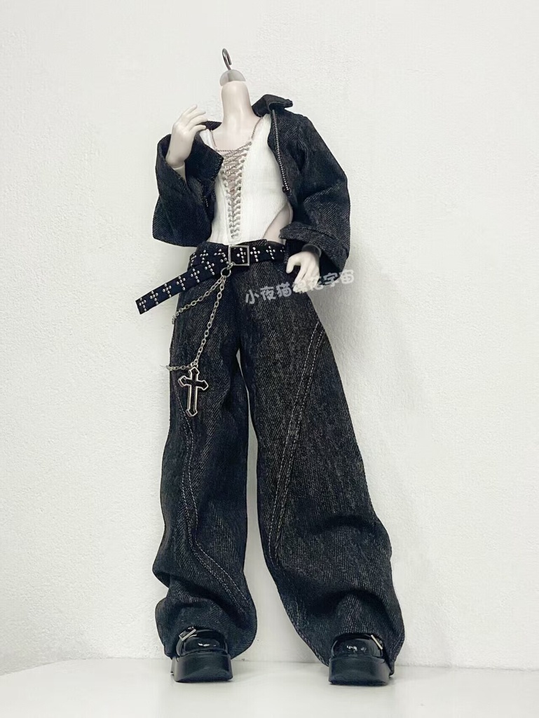 1/4ドール服 デニムジャケット ワイドパンツセット Vネックボディスーツインナー