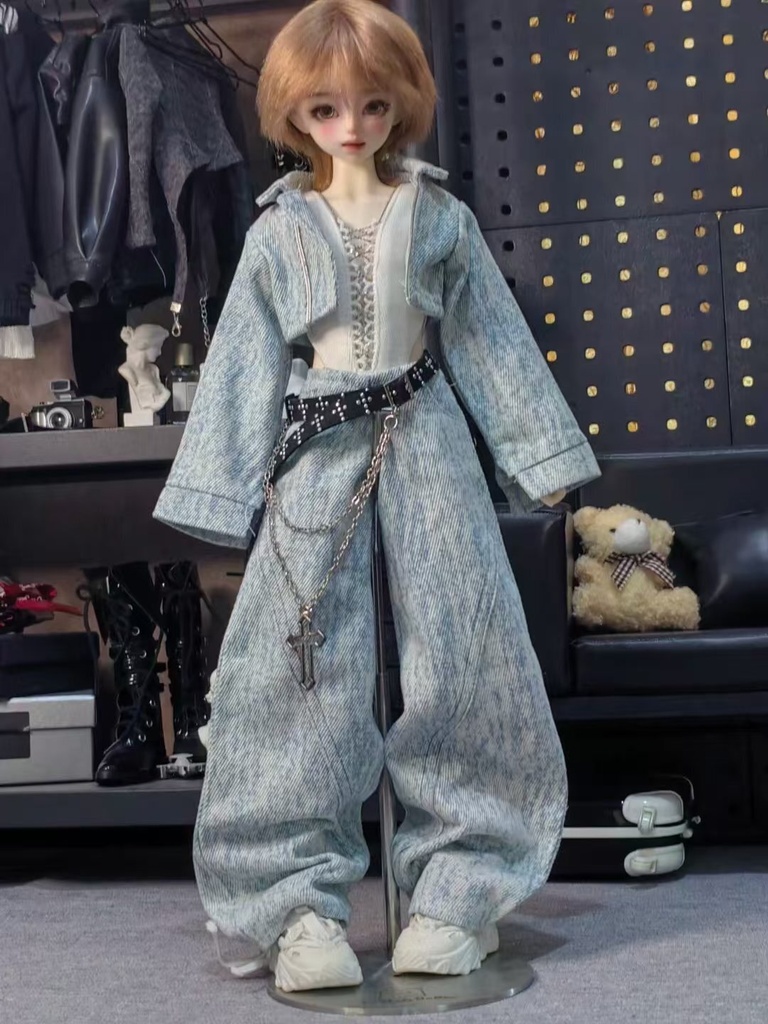 1/4ドール服 デニムジャケット ワイドパンツセット Vネックボディスーツインナー