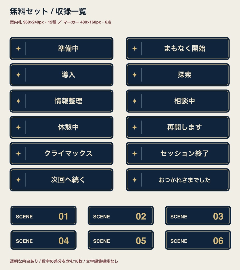 【無料】セッション案内札12種+進行マーカー6点|TRPG用透過PNG