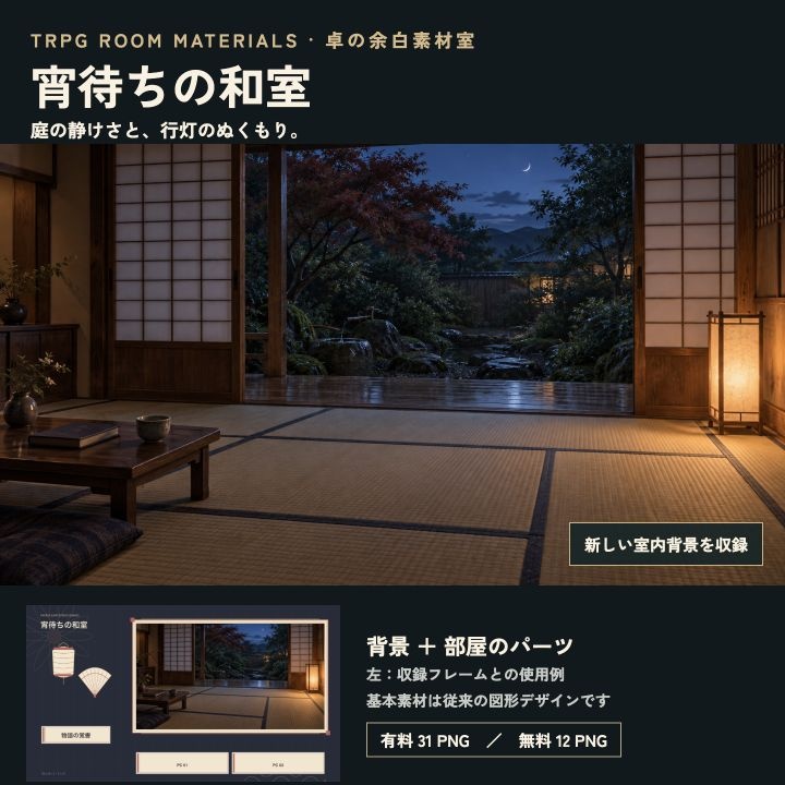 宵待ちの和室｜夕暮れの庭と和室背景・TRPG部屋素材31 PNG