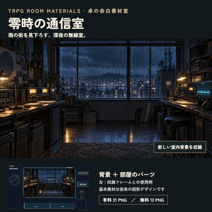 零時の通信室｜雨夜の無線室背景とTRPG部屋素材31 PNG