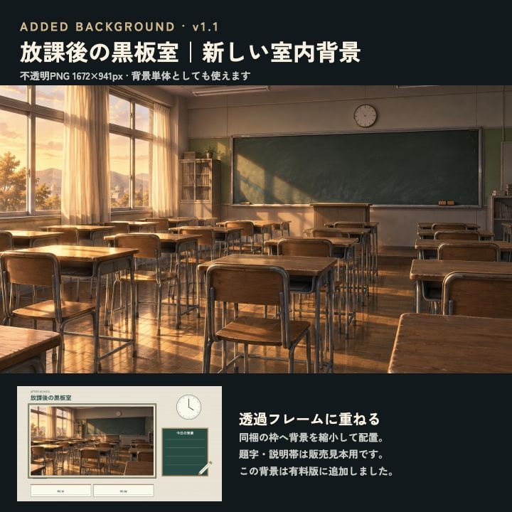 放課後の黒板室|夕日の教室背景・組み替える関係札と部屋素材58 PNG