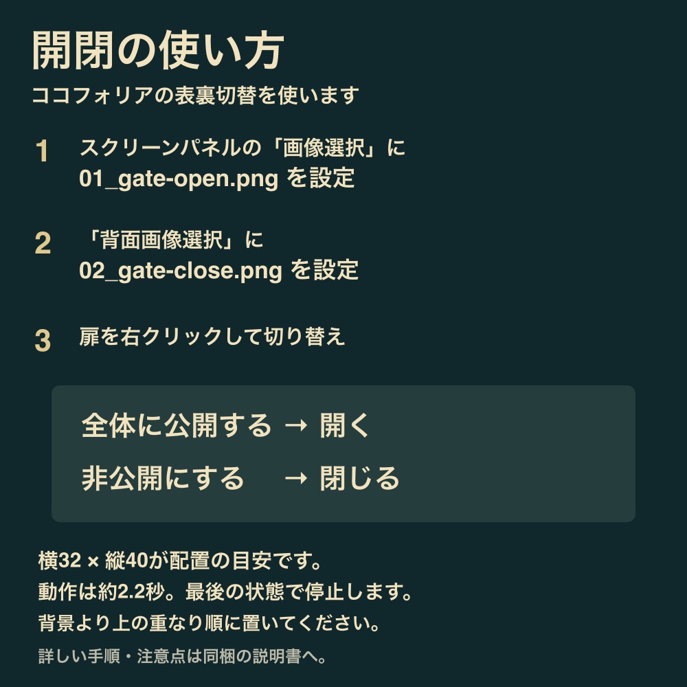 【無料APNG】真鍮の境界扉|ココフォリア用・開く/閉じる扉+設定ガイド