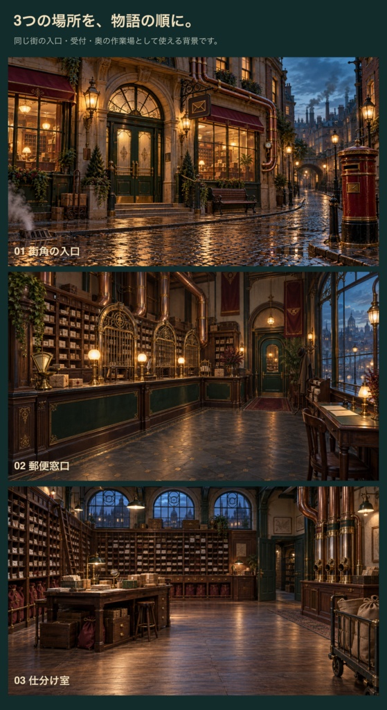 蒸気街の郵便局|背景3枚+手紙・案内札・台紙24点|全27 PNG
