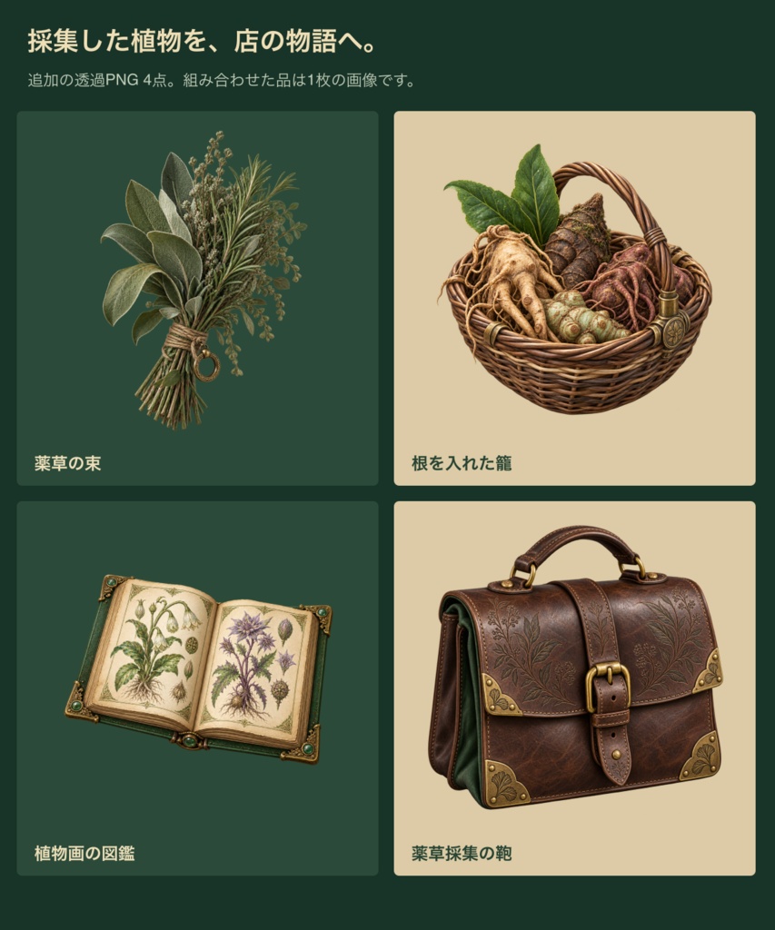 蒸気街の薬舗|背景6枚+小物20点+台紙・札・枠24点|全50 PNG