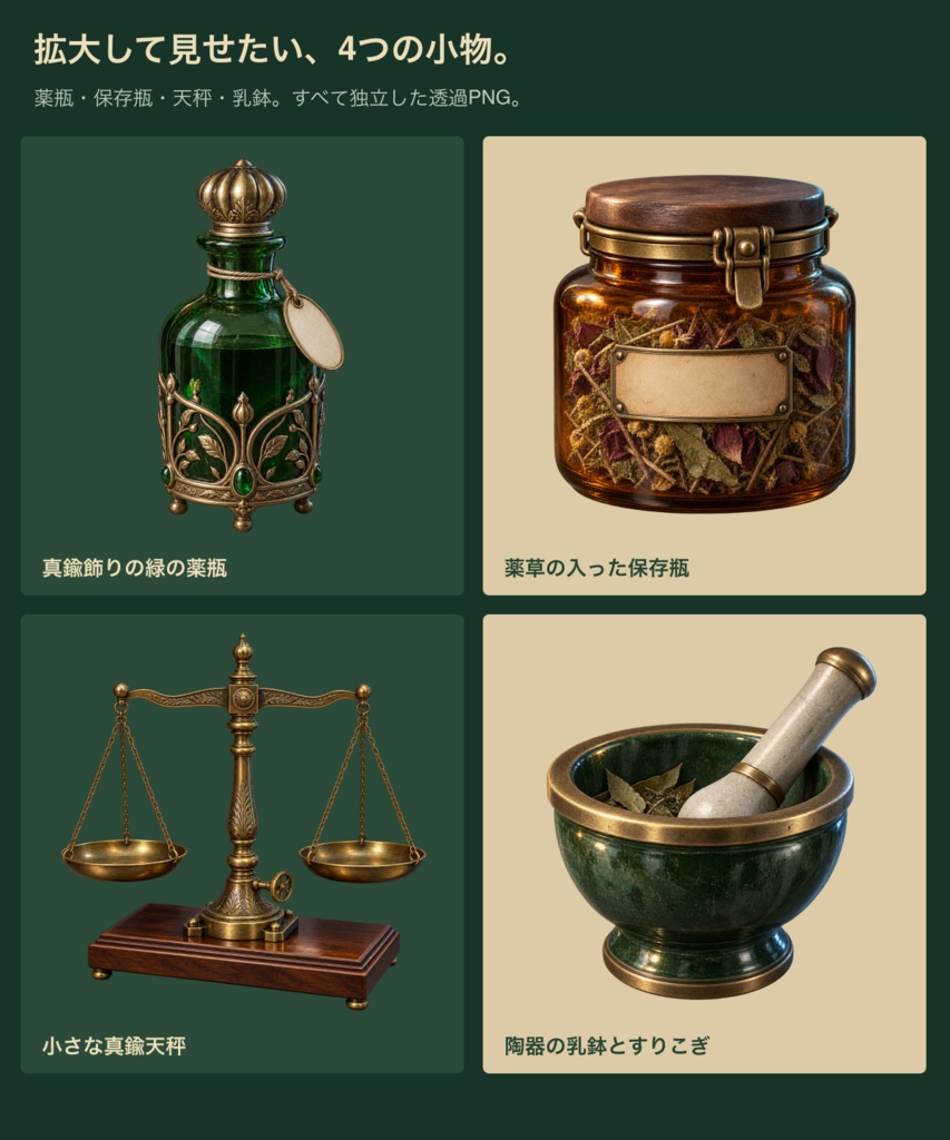 蒸気街の薬舗|背景6枚+小物20点+台紙・札・枠24点|全50 PNG