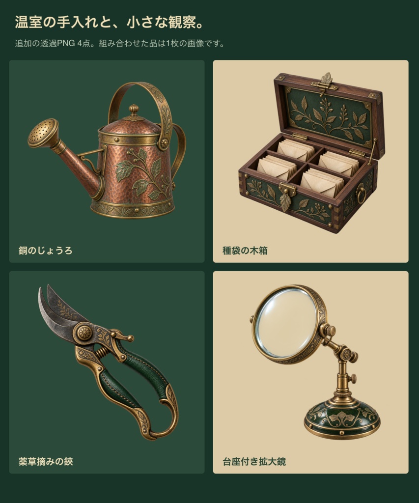 蒸気街の薬舗|背景6枚+小物20点+台紙・札・枠24点|全50 PNG