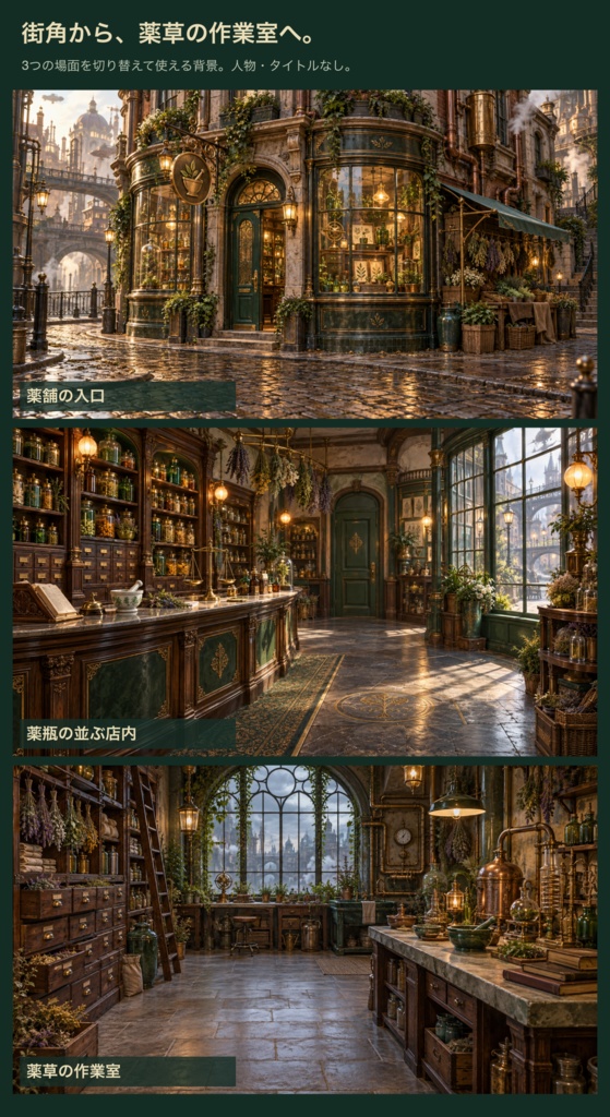 蒸気街の薬舗|背景6枚+小物20点+台紙・札・枠24点|全50 PNG