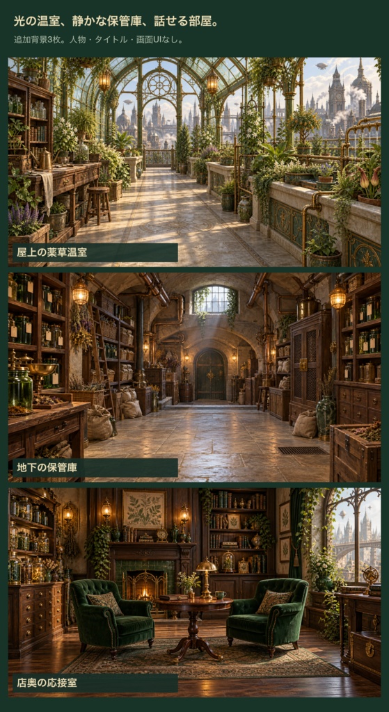 蒸気街の薬舗|背景6枚+小物20点+台紙・札・枠24点|全50 PNG