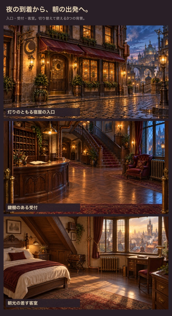 蒸気街の宿屋|背景6枚+小物20点+台紙・札・枠24点|全50 PNG