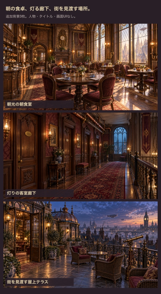 蒸気街の宿屋|背景6枚+小物20点+台紙・札・枠24点|全50 PNG