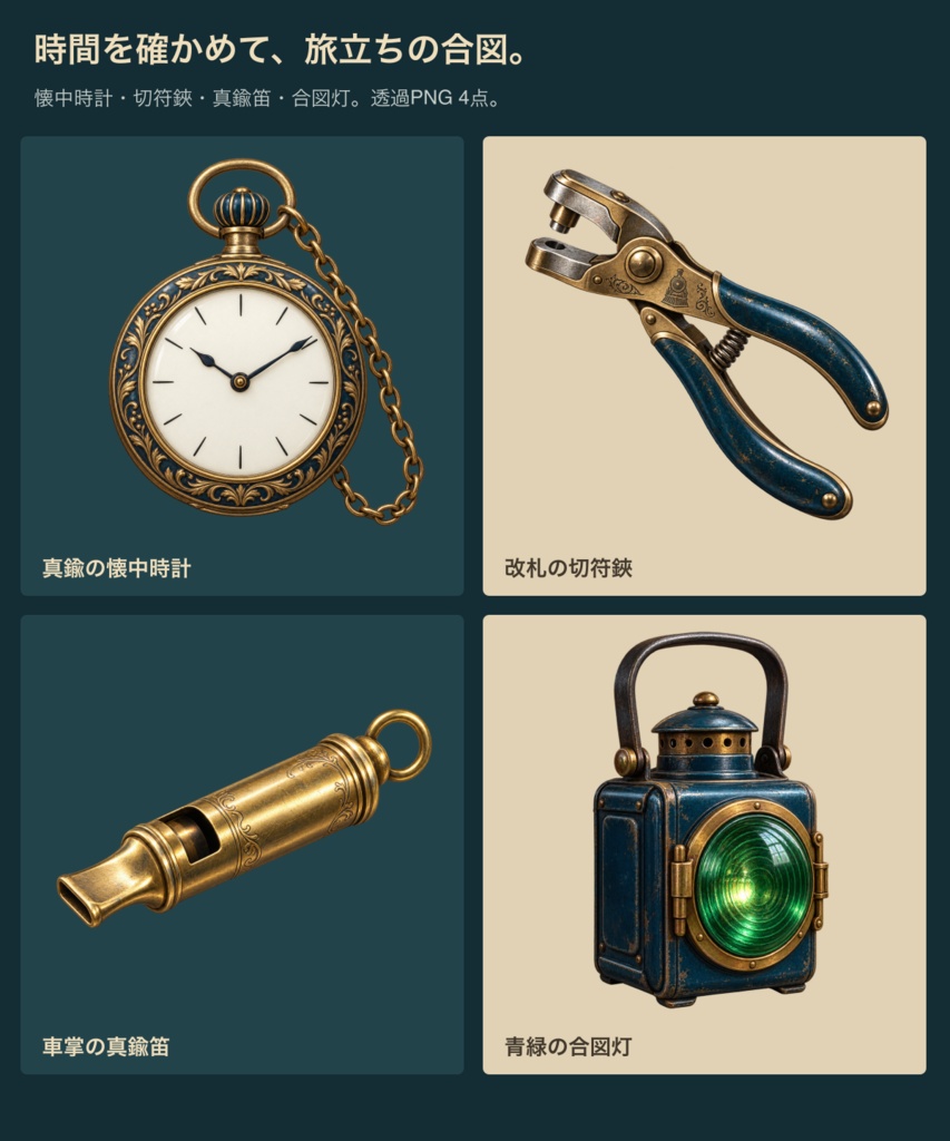 蒸気街の停車場|背景3枚+時計・小物・台紙12点|全15 PNG