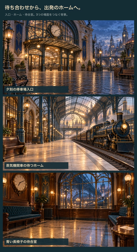 蒸気街の停車場|背景3枚+時計・小物・台紙12点|全15 PNG