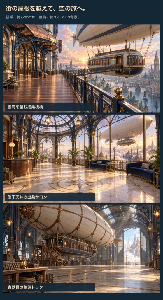 蒸気街の飛行船乗り場|背景3枚+旅の小物・台紙12点|全15 PNG