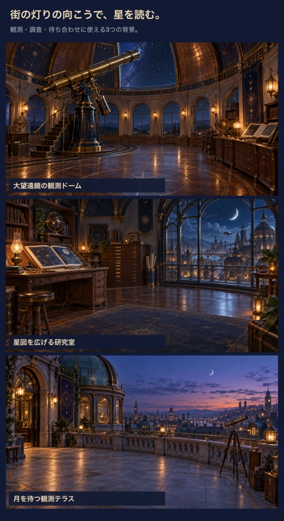 蒸気街の天文台|背景3枚+観測の小物・台紙12点|全15 PNG