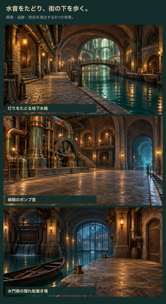 蒸気街の地下水路|背景3枚+探索の小物・台紙12点|全15 PNG