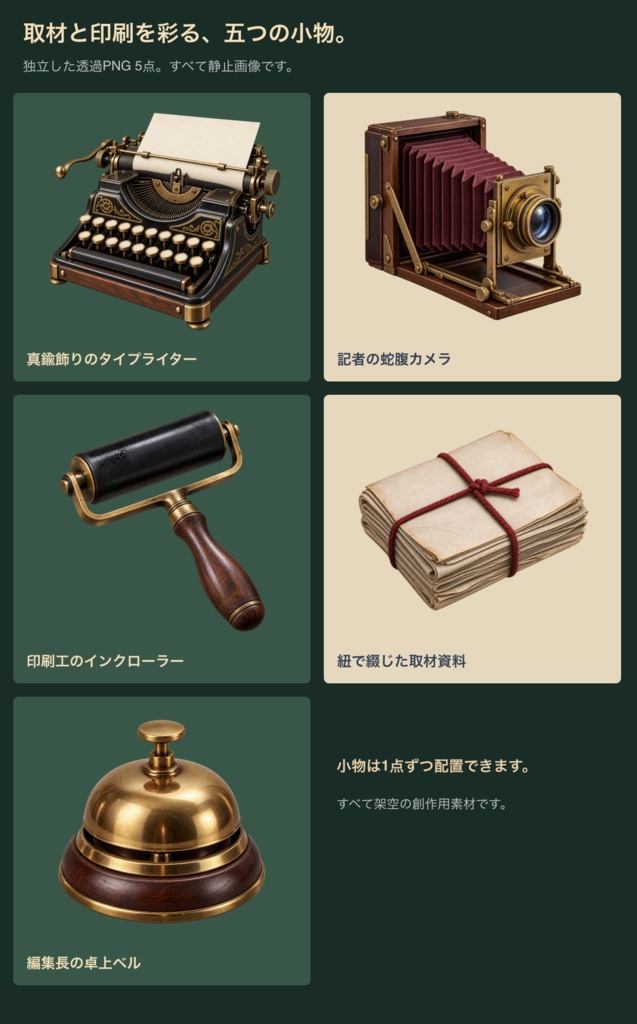 蒸気街の新聞社|背景3枚+取材小物・台紙12点|全15 PNG