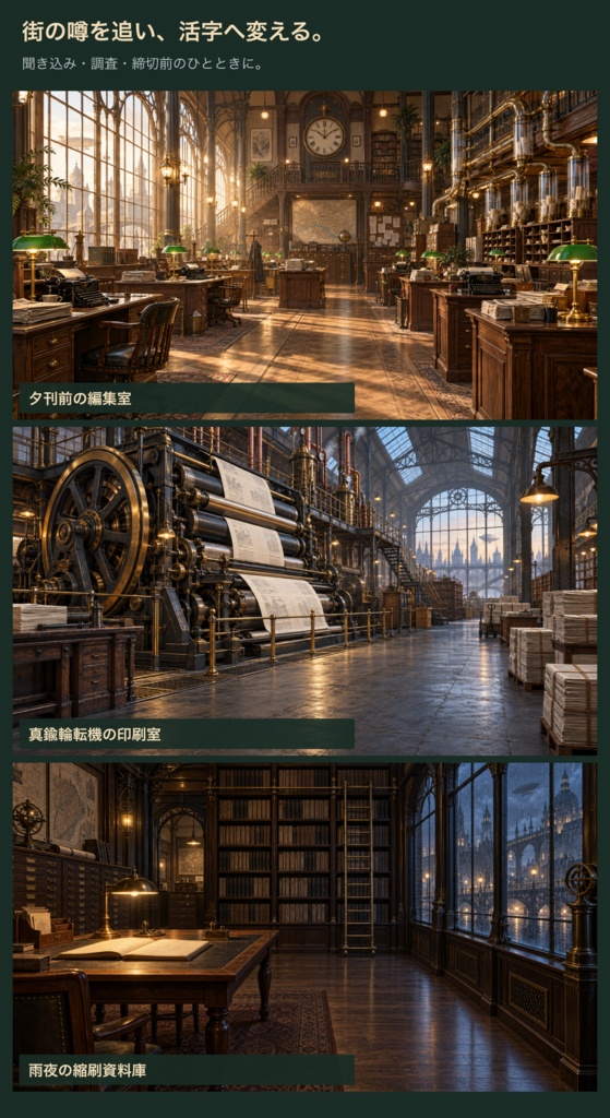 蒸気街の新聞社|背景3枚+取材小物・台紙12点|全15 PNG