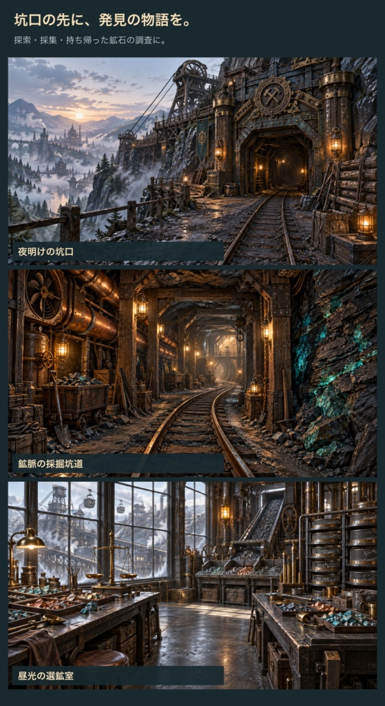 蒸気街の鉱山|背景3枚+採掘小物・台紙12点|全15 PNG
