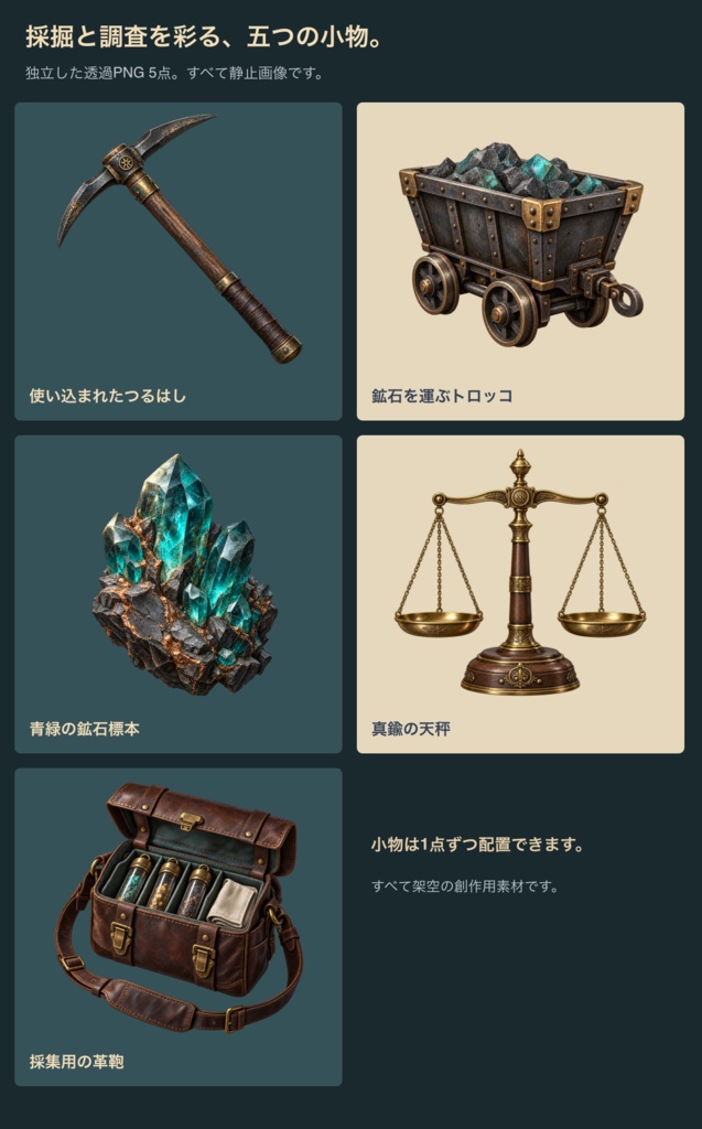 蒸気街の鉱山|背景3枚+採掘小物・台紙12点|全15 PNG