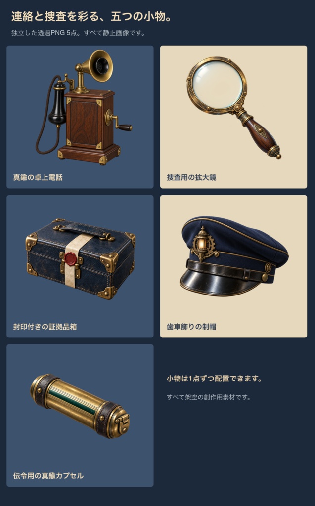 蒸気街の警察署|背景4枚+捜査小物5点+台紙・枠15点|全24 PNG