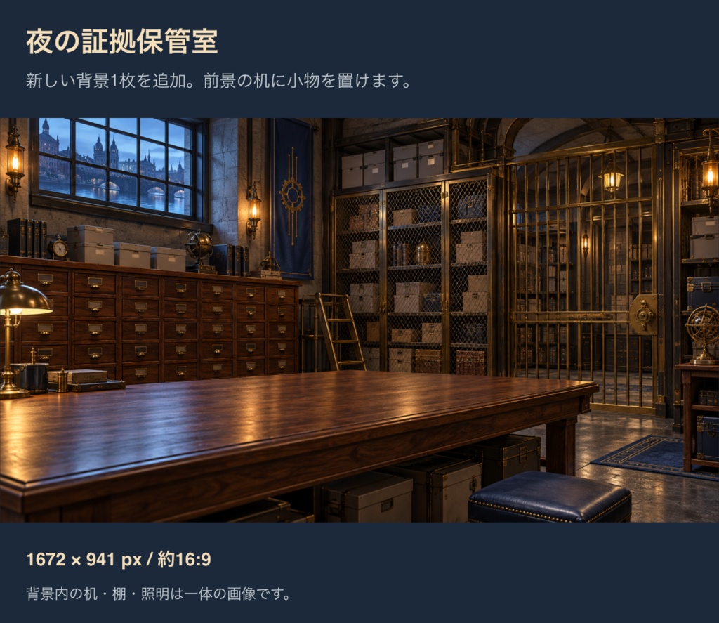 蒸気街の警察署|背景4枚+捜査小物5点+台紙・枠15点|全24 PNG