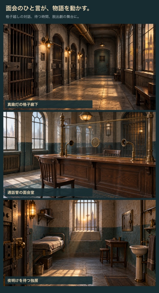 蒸気街の留置所|背景3枚+面会小物・台紙12点|全15 PNG