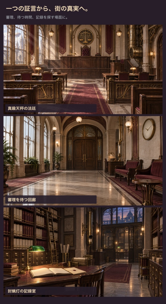 蒸気街の裁判所|背景3枚+審理小物・台紙12点|全15 PNG