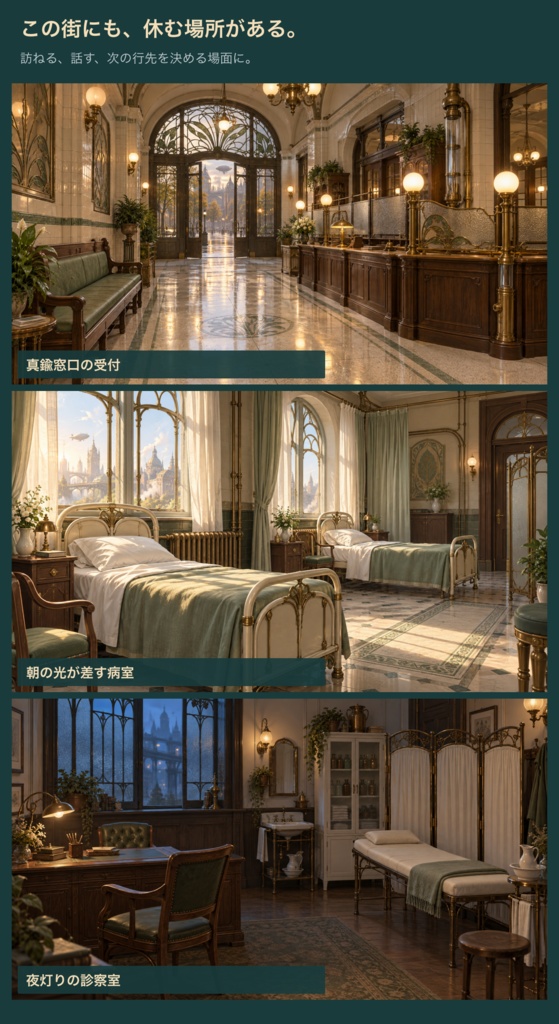 蒸気街の病院|背景6枚+小物20点+台紙・札・枠24点|全50 PNG