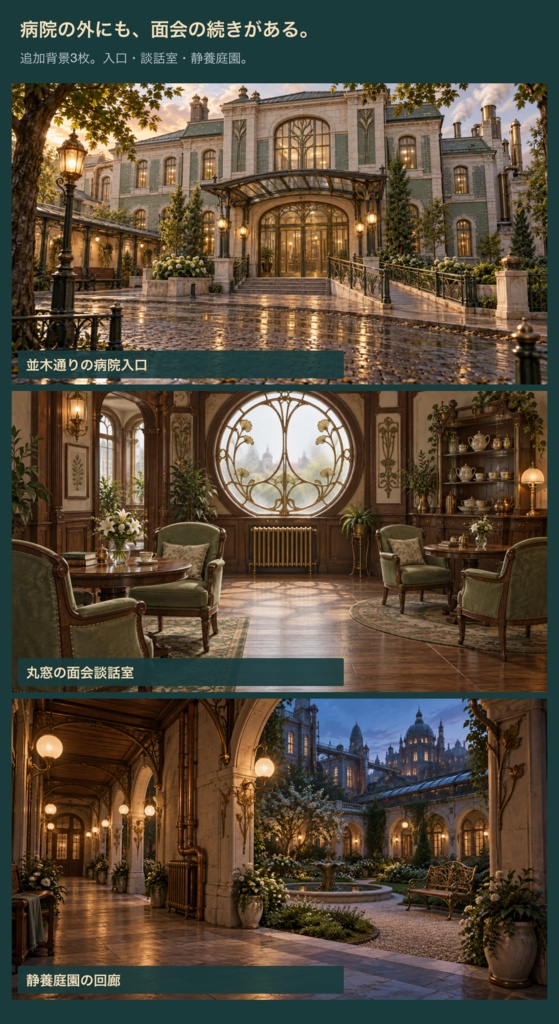 蒸気街の病院|背景6枚+小物20点+台紙・札・枠24点|全50 PNG