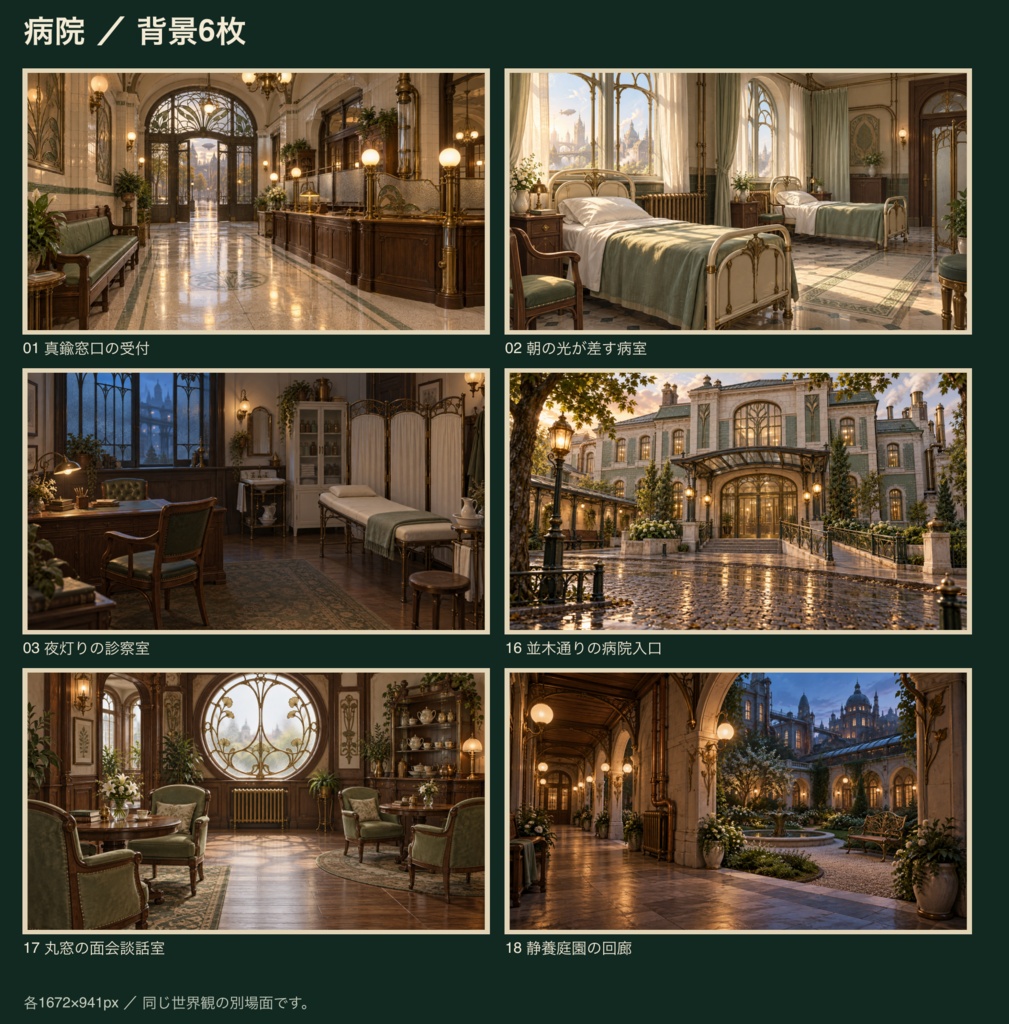 蒸気街の暮らしセット|宿屋・薬舗・病院|背景18枚+小物60点+台紙72点・全150 PNG