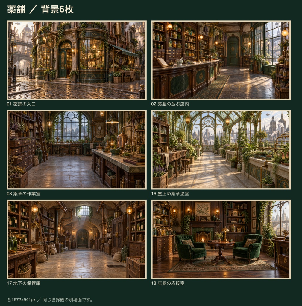 蒸気街の暮らしセット|宿屋・薬舗・病院|背景18枚+小物60点+台紙72点・全150 PNG