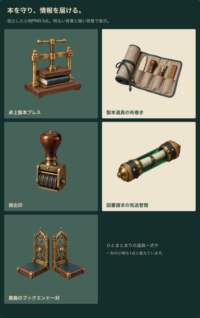 蒸気街の図書館|背景6枚+小物20点+台紙・札・枠24点|全50 PNG