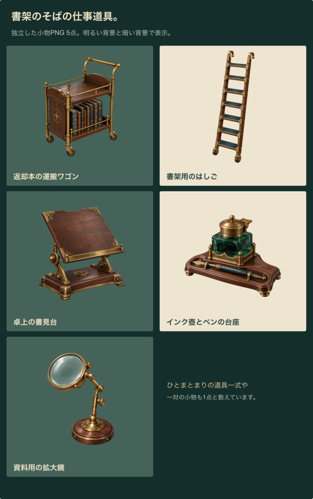 蒸気街の図書館|背景6枚+小物20点+台紙・札・枠24点|全50 PNG