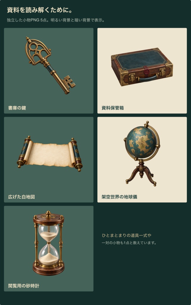 蒸気街の図書館|背景6枚+小物20点+台紙・札・枠24点|全50 PNG