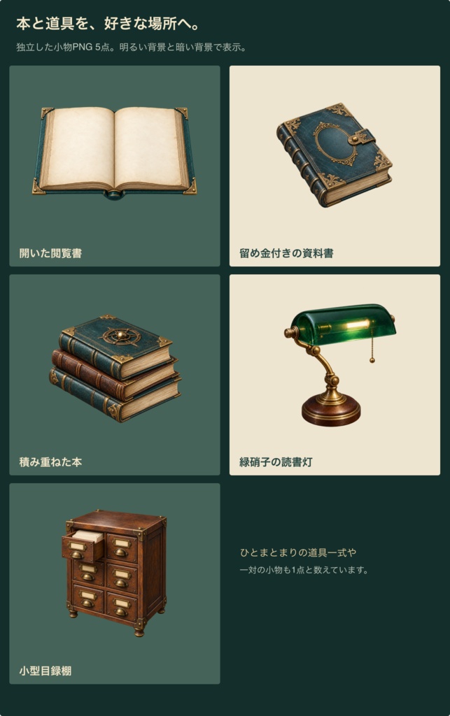 蒸気街の図書館|背景6枚+小物20点+台紙・札・枠24点|全50 PNG