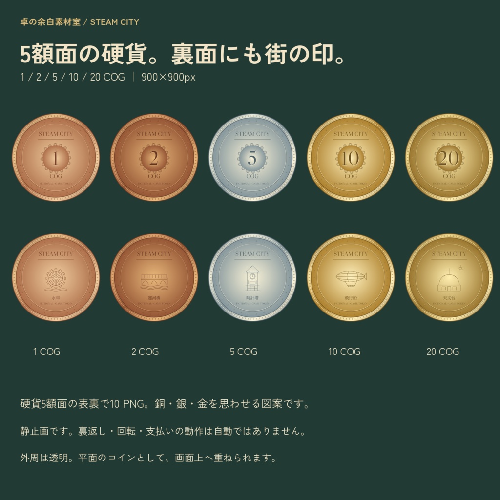 蒸気街の紙幣とコイン|通常・使い込み版|取引台紙つき56 PNG+SVG