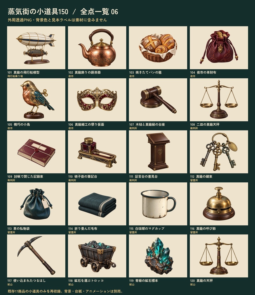 【ココフォリア・TRPG小物素材】蒸気街の小道具コレクション150|透過PNG