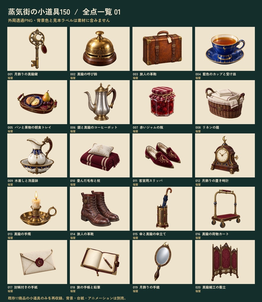 【ココフォリア・TRPG小物素材】蒸気街の小道具コレクション150|透過PNG