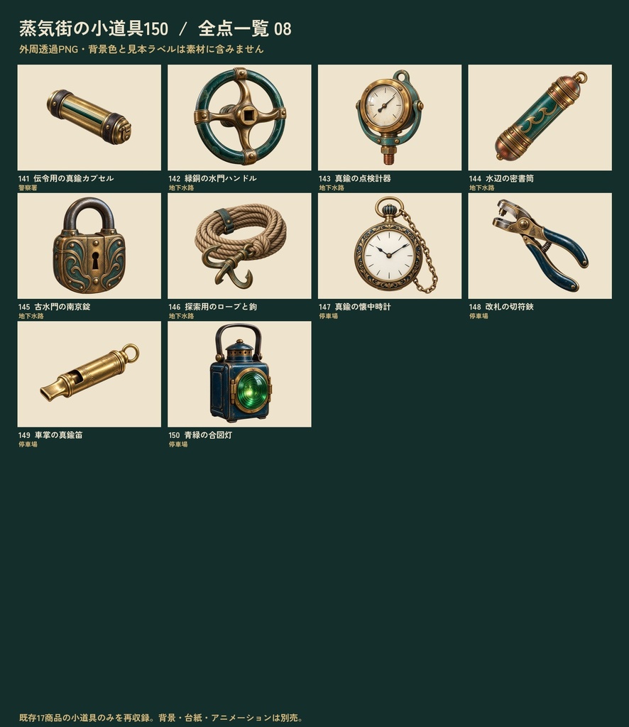 【ココフォリア・TRPG小物素材】蒸気街の小道具コレクション150|透過PNG