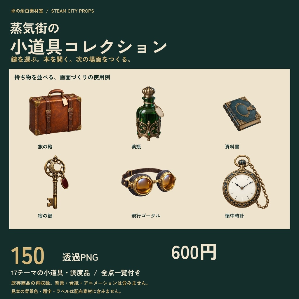 【ココフォリア・TRPG小物素材】蒸気街の小道具コレクション150｜透過PNG