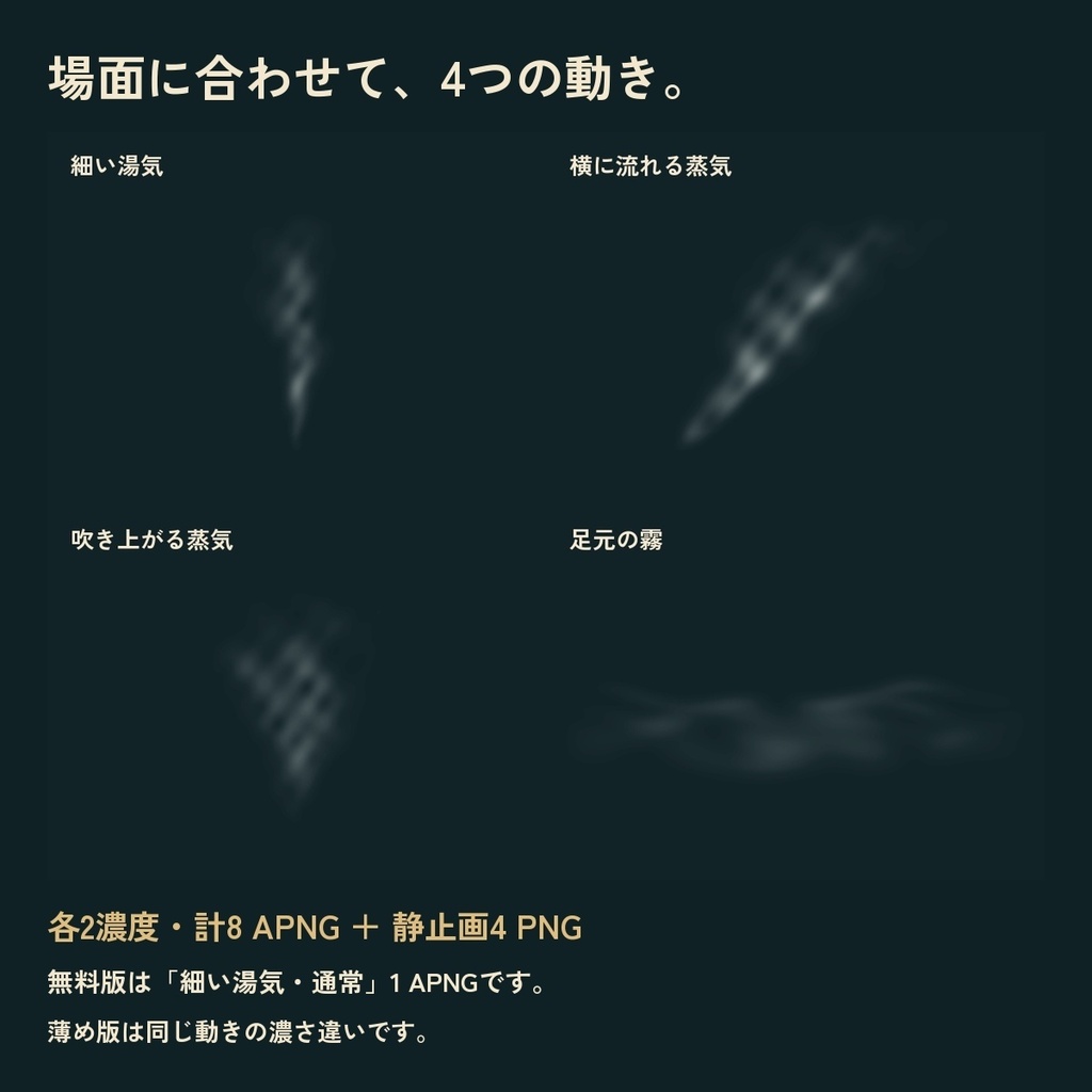 【無料サンプルあり】蒸気街の湯気と霧|重ねる透過APNG・4つの動き×2濃度