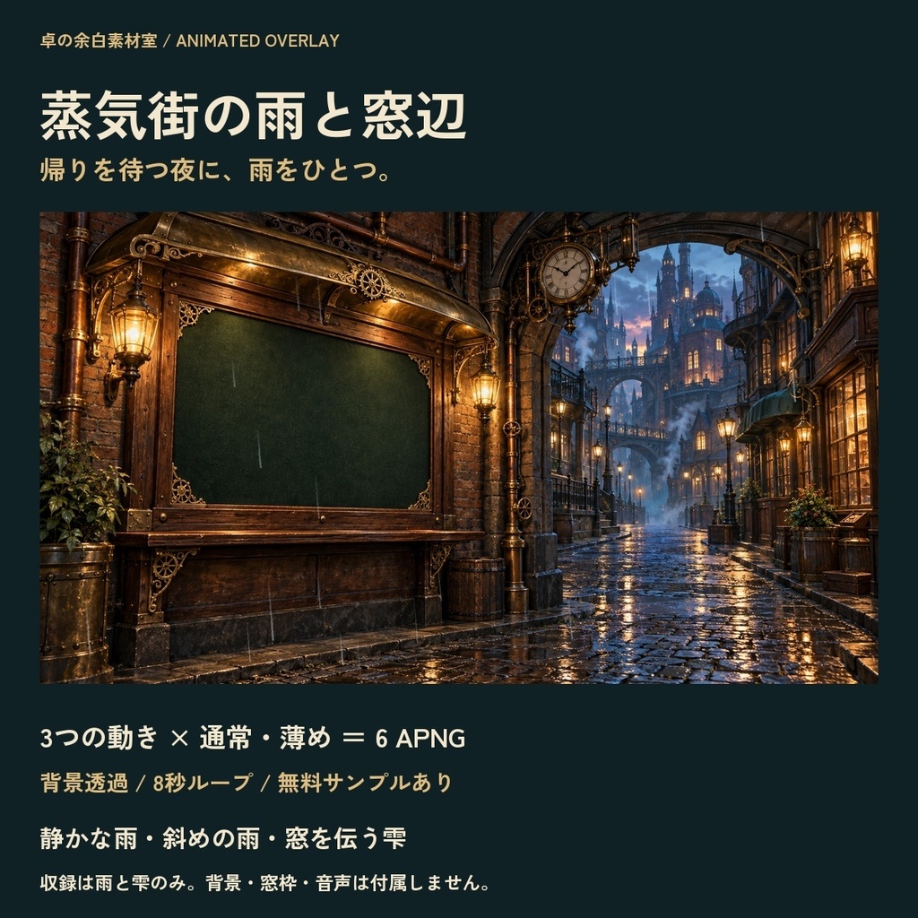 【無料あり】蒸気街の雨と窓辺｜透過APNG 6点・静止PNG 3点／ココフォリア・TRPG