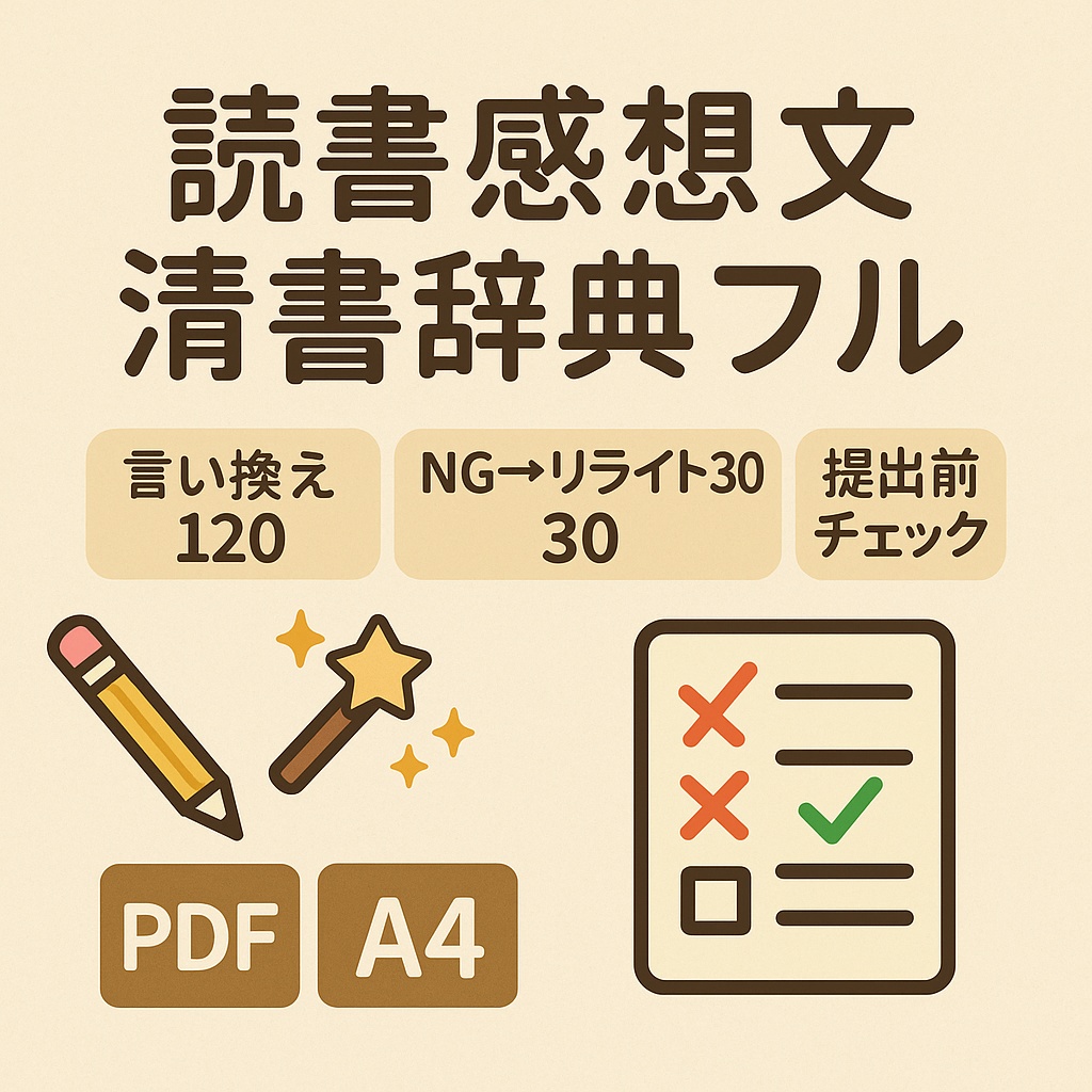 読書感想文 清書辞典フル｜言い換え120＋NG→リライト30＋提出前チェック（PDF）