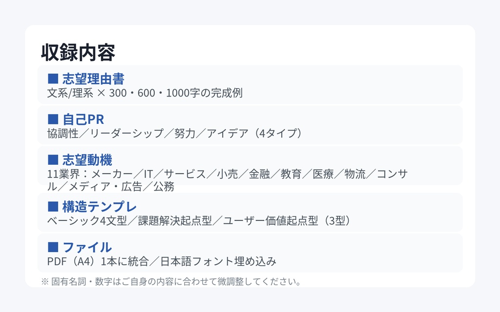 進学・就活オールインワン|志望理由300/600/1000+自己PR+志望動機(PDF)