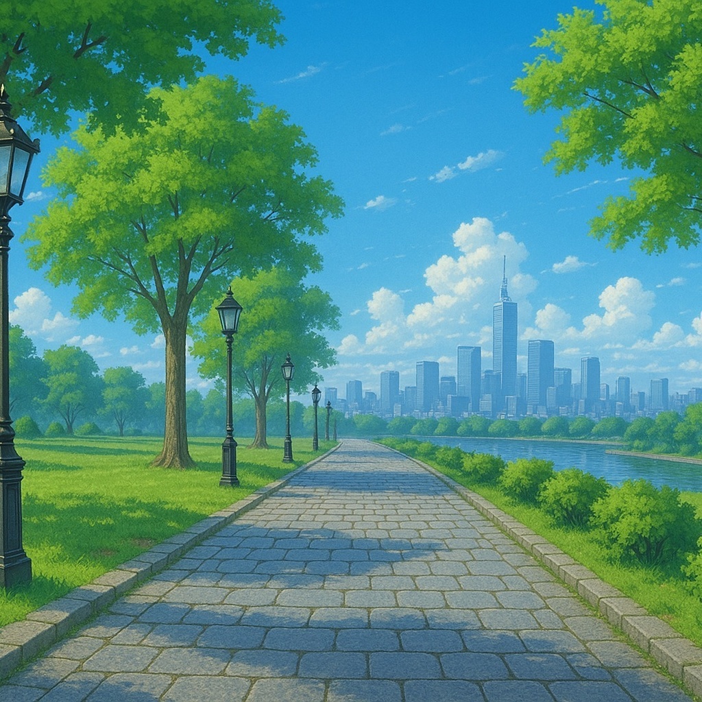 ゲーム背景パック Vol.1|公園プロムナード(朝焼け/昼/夕暮れ/夜・全5枚)